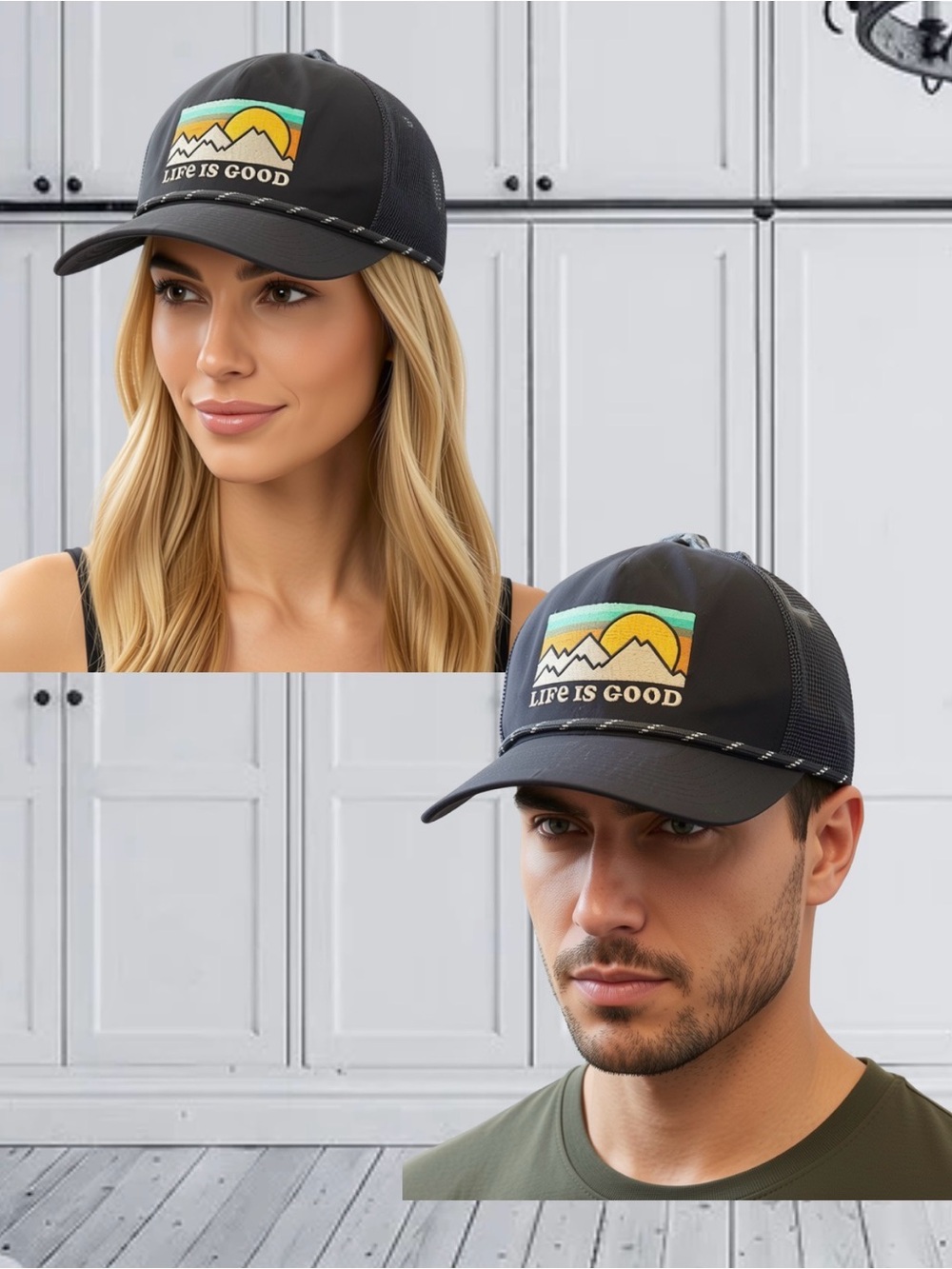 Life Is Good Sunset Mountain Black Rope Trucker Hat Unisex OS